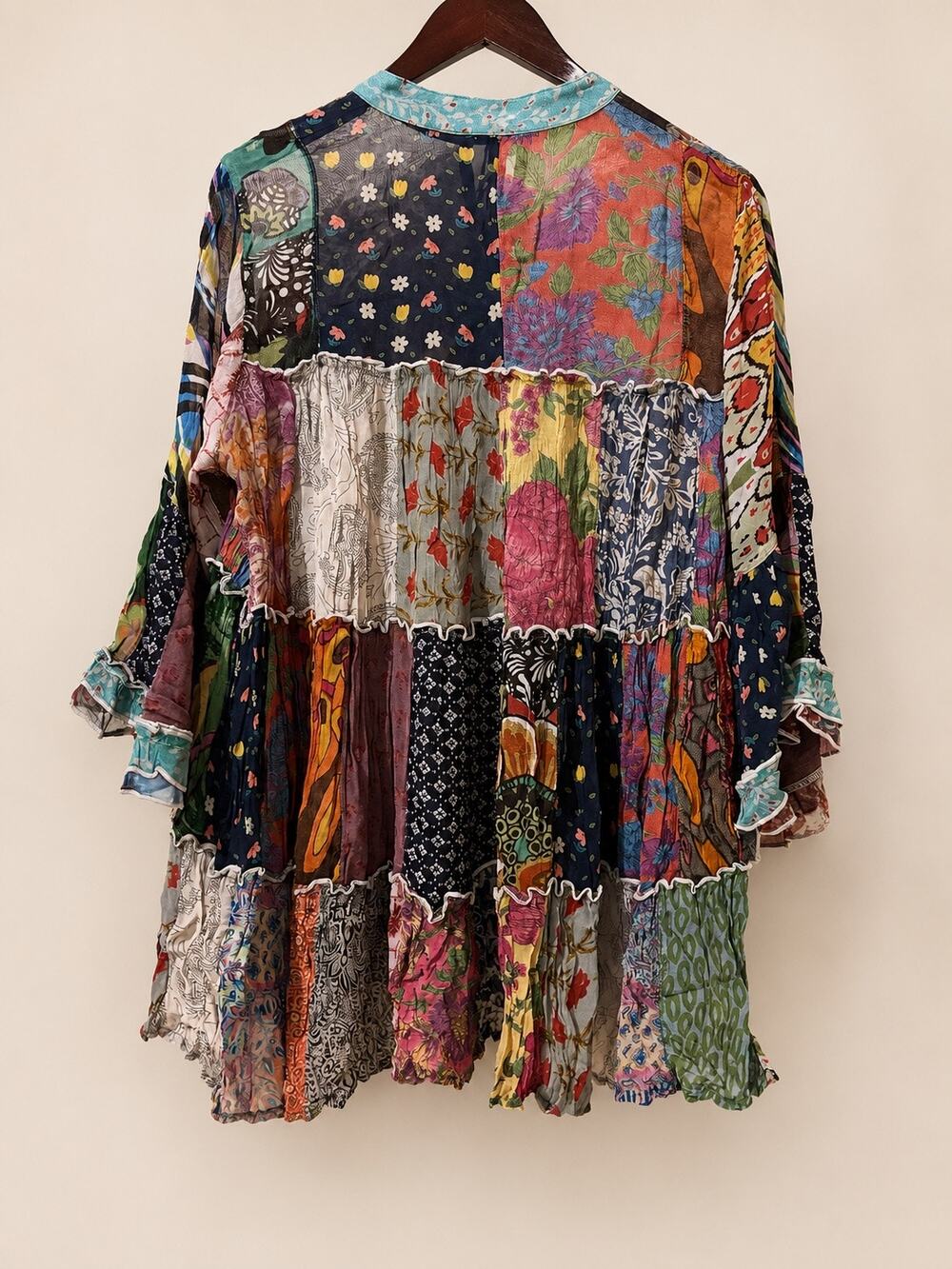 Young Threads Patchwork Boho Tunic Dress Top M Ruffle Tiered Viscose NWT